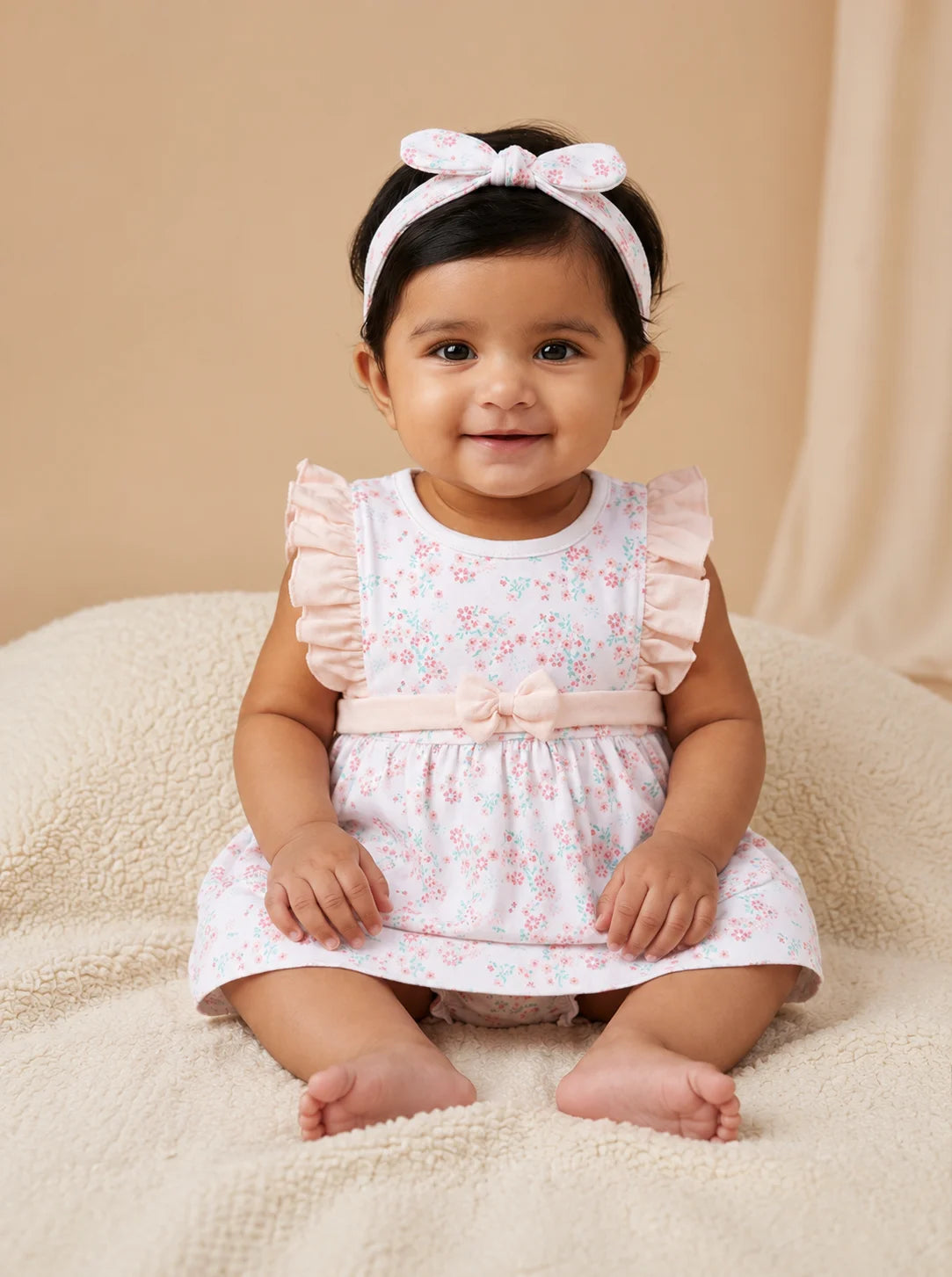 BioKool Cotton Floral 3-Piece Dress Set "Ruffle Frock, Bloomer & Headband" - White