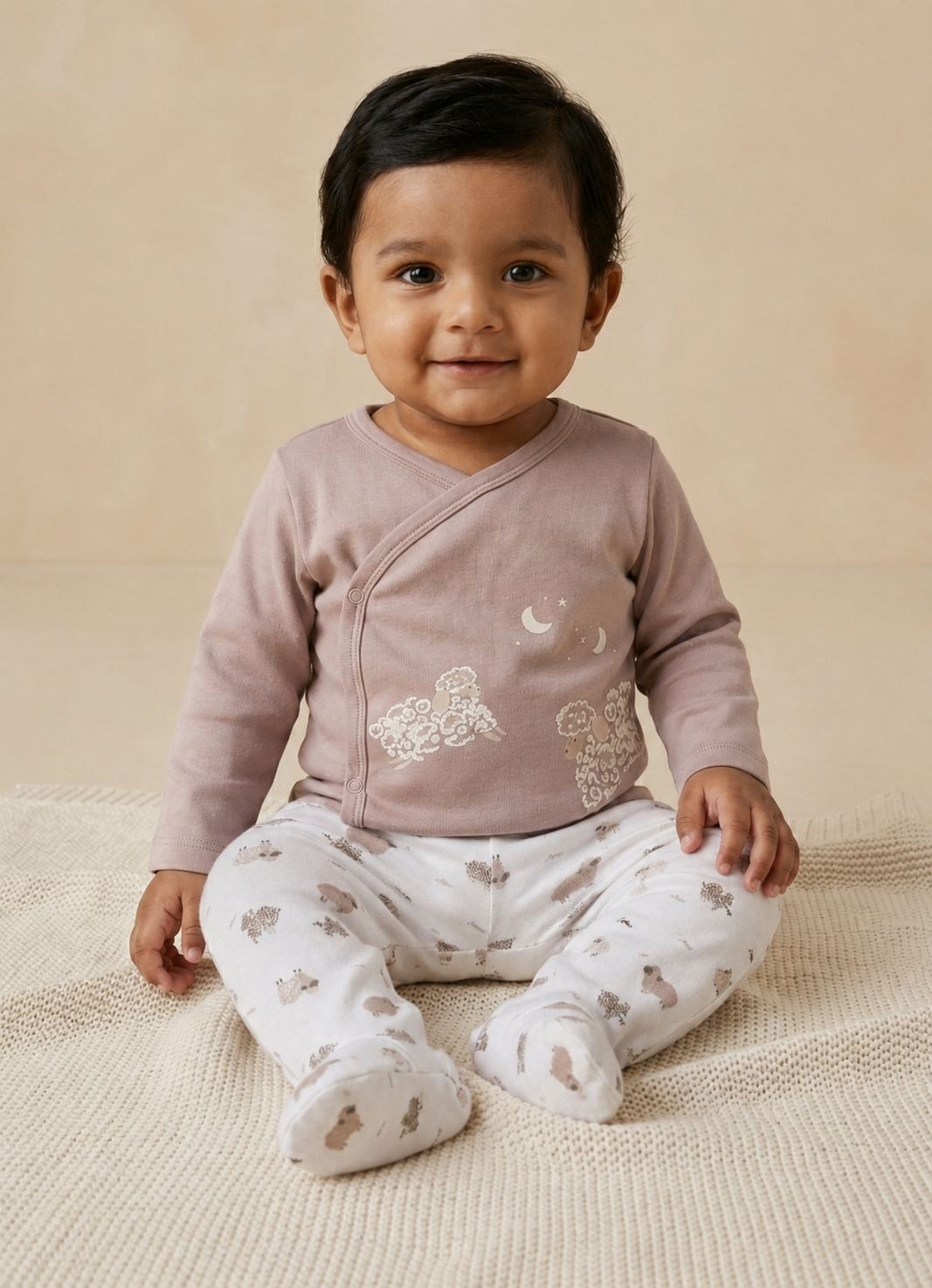 BioKool Cotton Kimono Top with Footed Pant- Brown and White