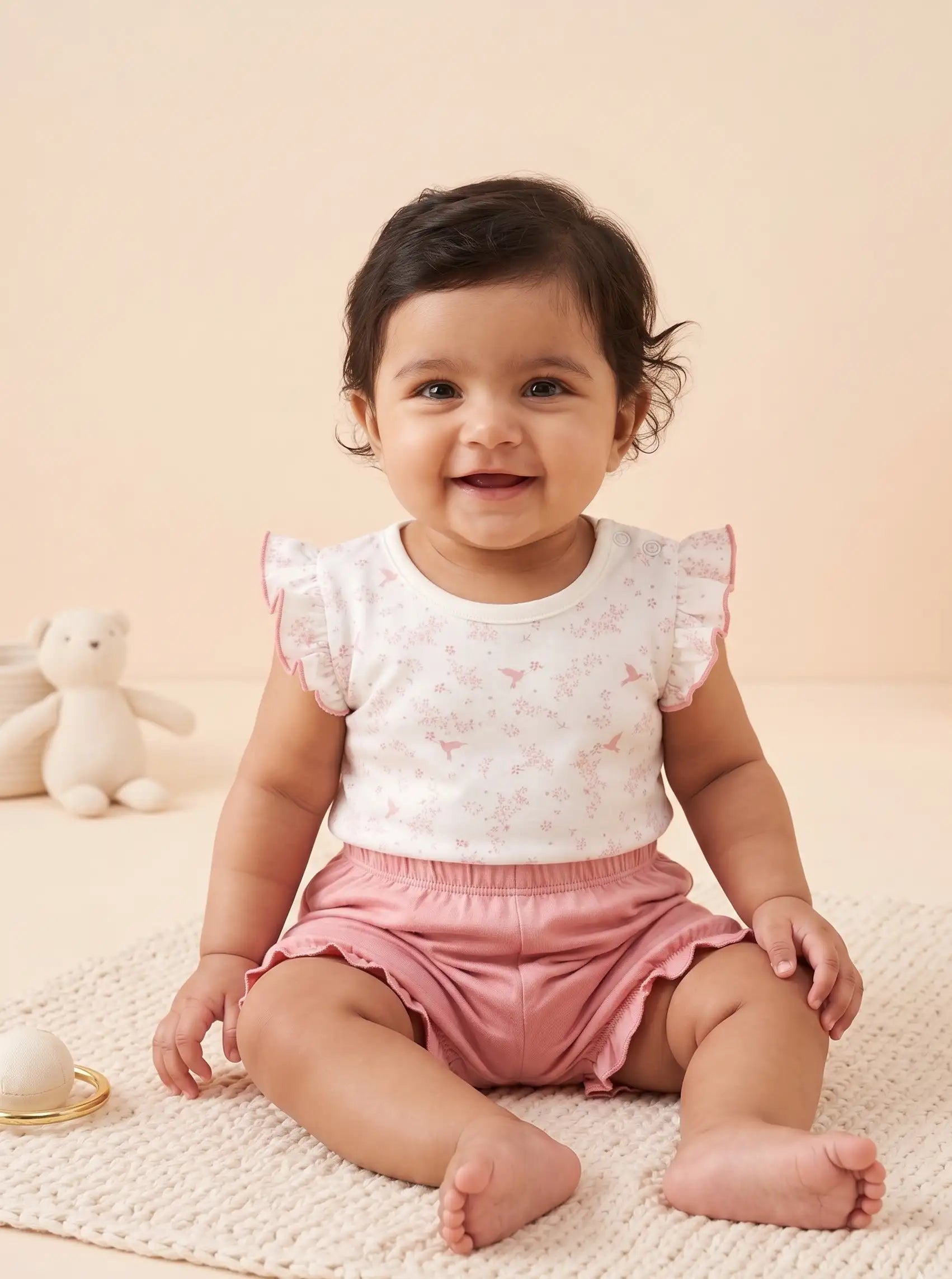 TENCEL™ Bird Print Ruffle Top & Shorts Set- Pink & White