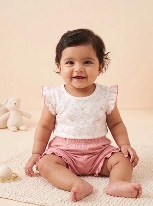 TENCEL™ Bird Print Ruffle Top & Shorts Set- Pink & White - LE PUR!