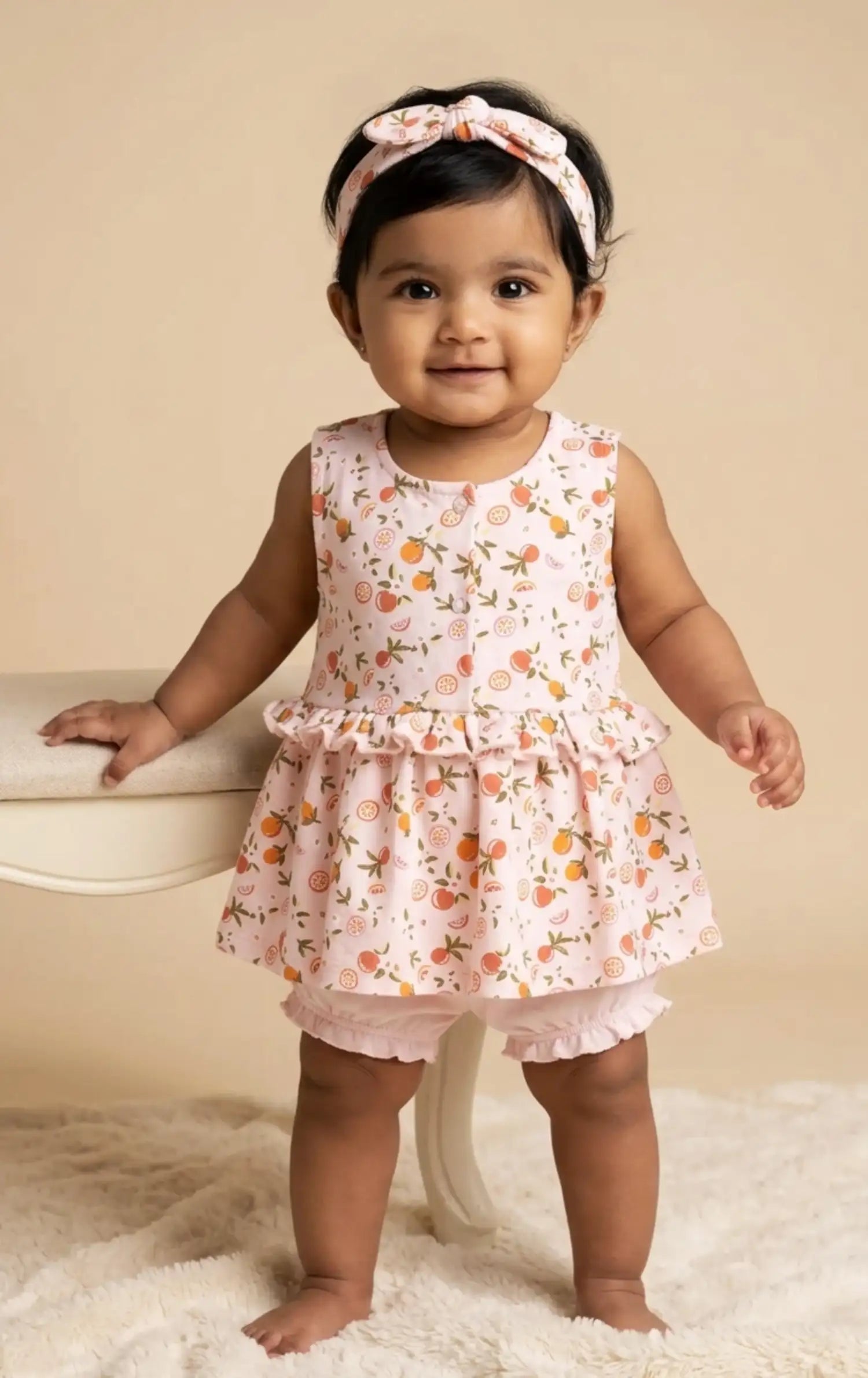 BioKool Cotton Citrus Bloom Frock, Bloomer & Headband- Pink