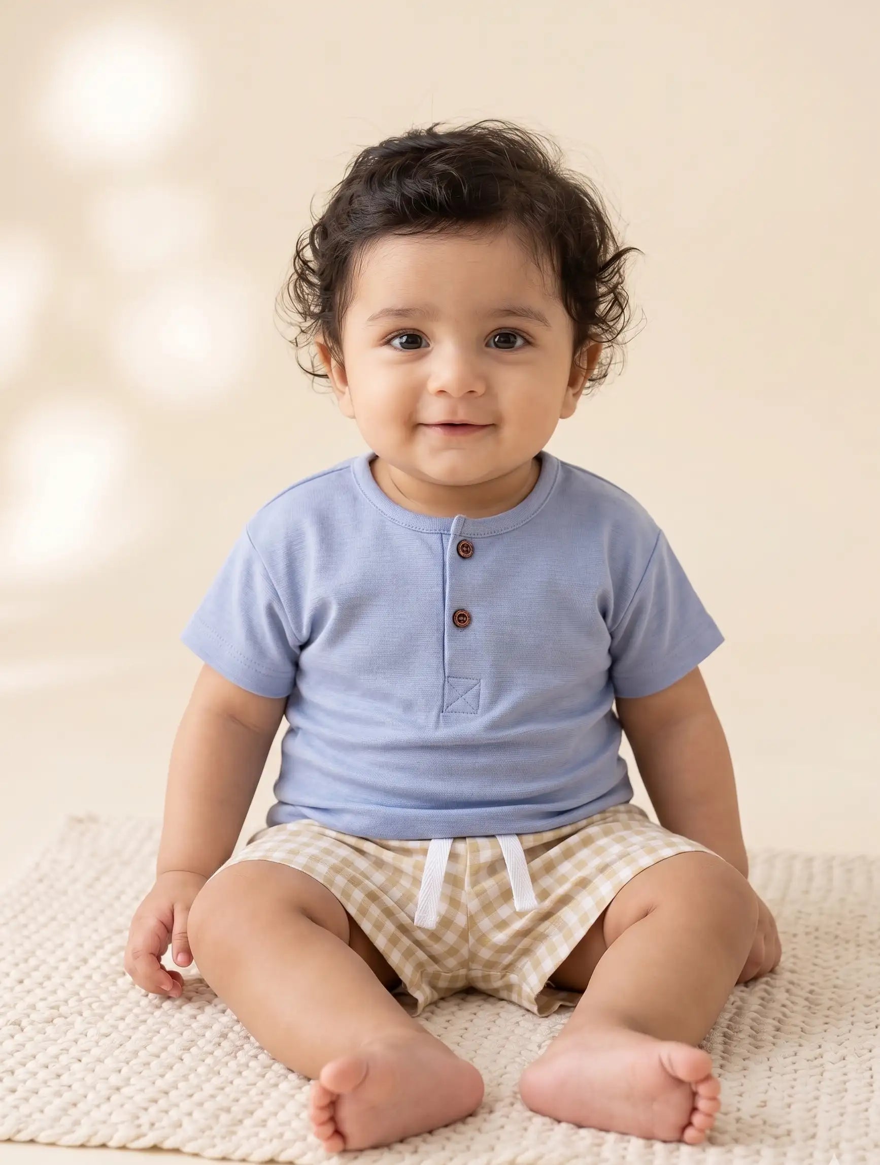 TENCEL™ T-Shirt & Gingham Shorts Set- Blue & Beige