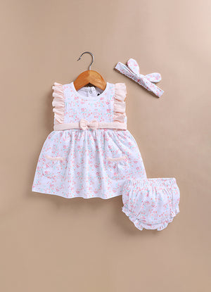 Le Pur BioKool Cotton Baby Girl Dress Set with Bloomers & Headband – Floral Print - LE PUR!