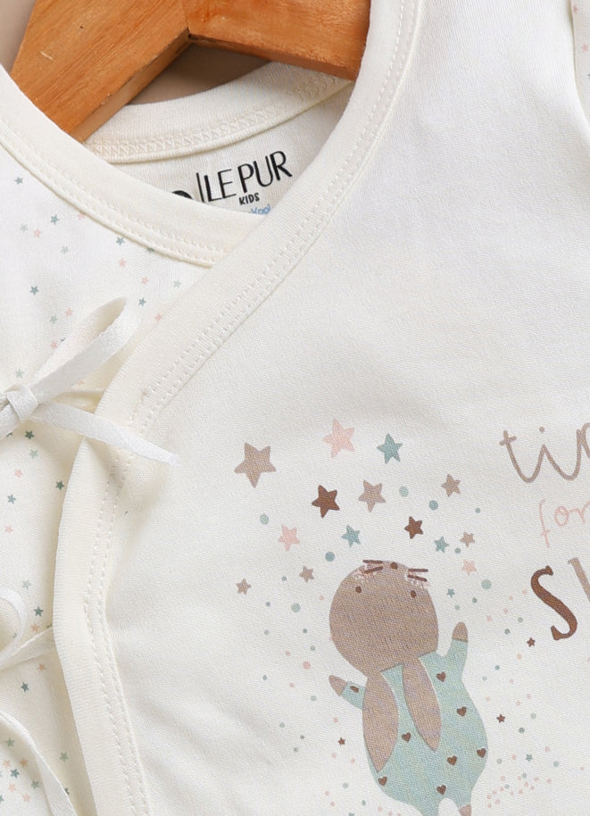 Le Pur Baby Girls Biocool Cotton Nightwear Set – Short Sleeve Top & Shorts “Sleepy Baby” Print (Off-White)) - LE PUR!