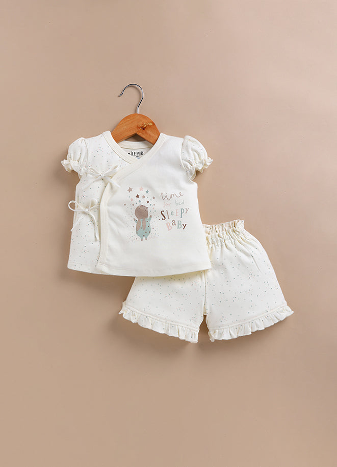 Le Pur Baby Girls Biocool Cotton Nightwear Set – Short Sleeve Top & Shorts “Sleepy Baby” Print (Off-White)) - LE PUR!