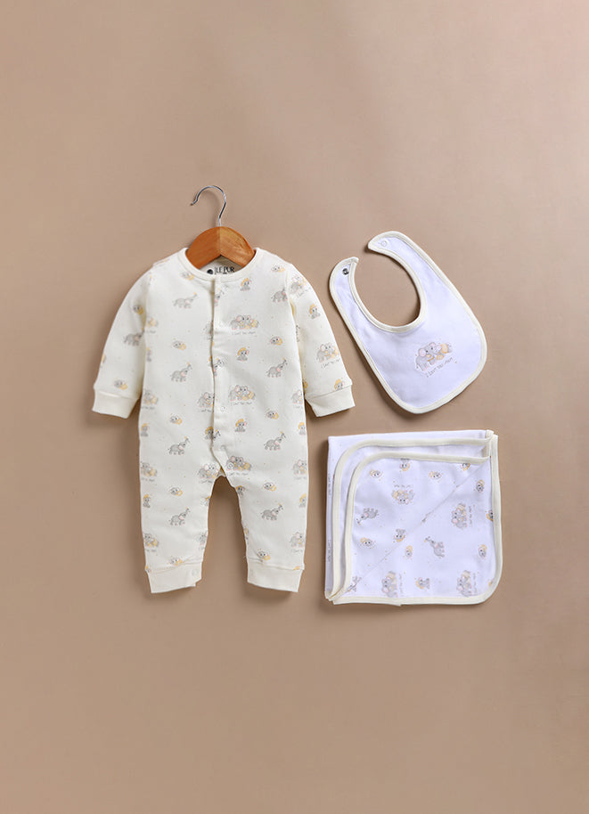 Le Pur Baby Biocool Cotton 3-Piece Set – Romper, Bib & Blanket with Animal Print (Off-White) - LE PUR!