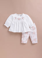 Le Pur Baby Girl Top & Pant Set | Soft Cotton Embroidered Top with Floral Pants