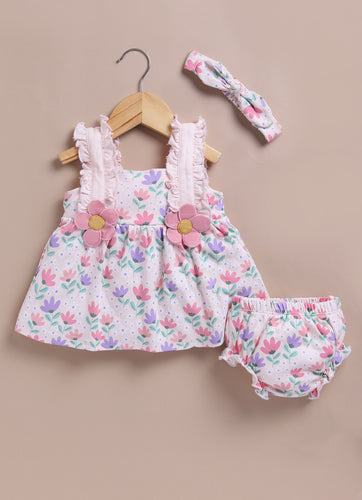 Le Pur Tiny Bloom BioCool 3-Piece Set: Floral Ruffle Frock, Bloomer & Headband - LE PUR!