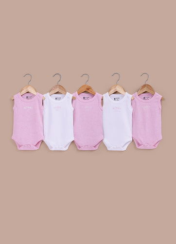 Le Pur Biocool Baby Boy Sleeveless Bodysuit Set – Pack of 5 (Pink, White) - LE PUR!