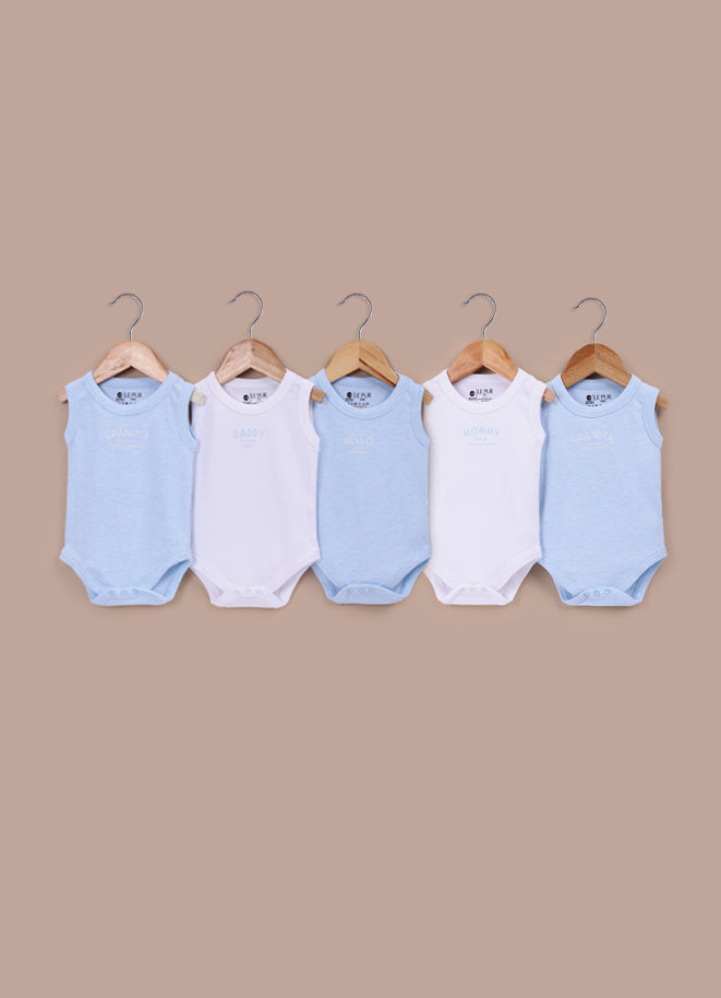 Le Pur Biocool Baby Boy Sleeveless Bodysuit Set – Pack of 5 (Blue, White) - LE PUR!
