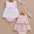 BioKool Cotton 2-Pack Dress Set Combo | Flower Garden & Teddy Bear – Frock, Bloomer & Headband