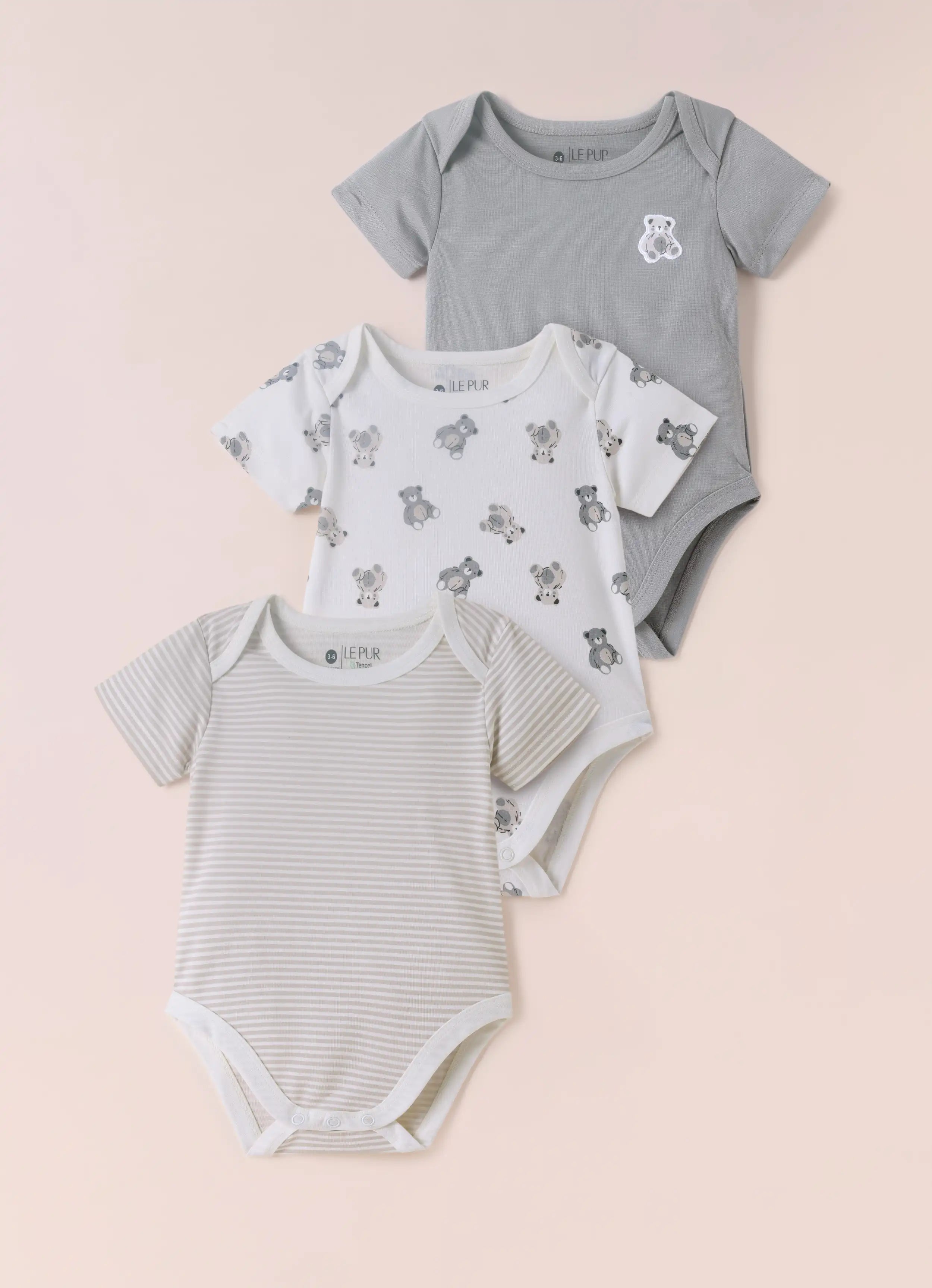 TENCEL™ Printed Bodysuit Pack of 3- Grey & White