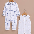 LE PUR BioKool cotton 2-piece romper combo, hot air balloon print and teddy bear print