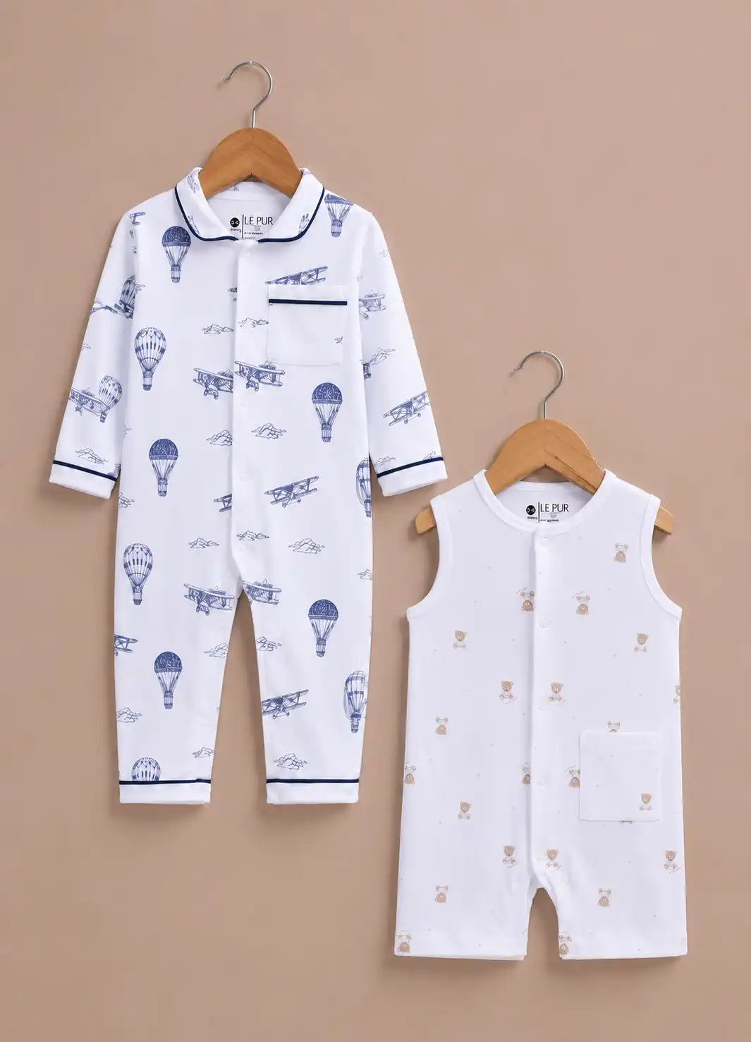 LE PUR BioKool cotton 2-piece romper combo, hot air balloon print and teddy bear print